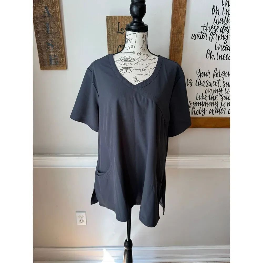 Skechers by Barco Women's Short Sleeve Crossover Scrub Top Pewter Grey Size 2XL